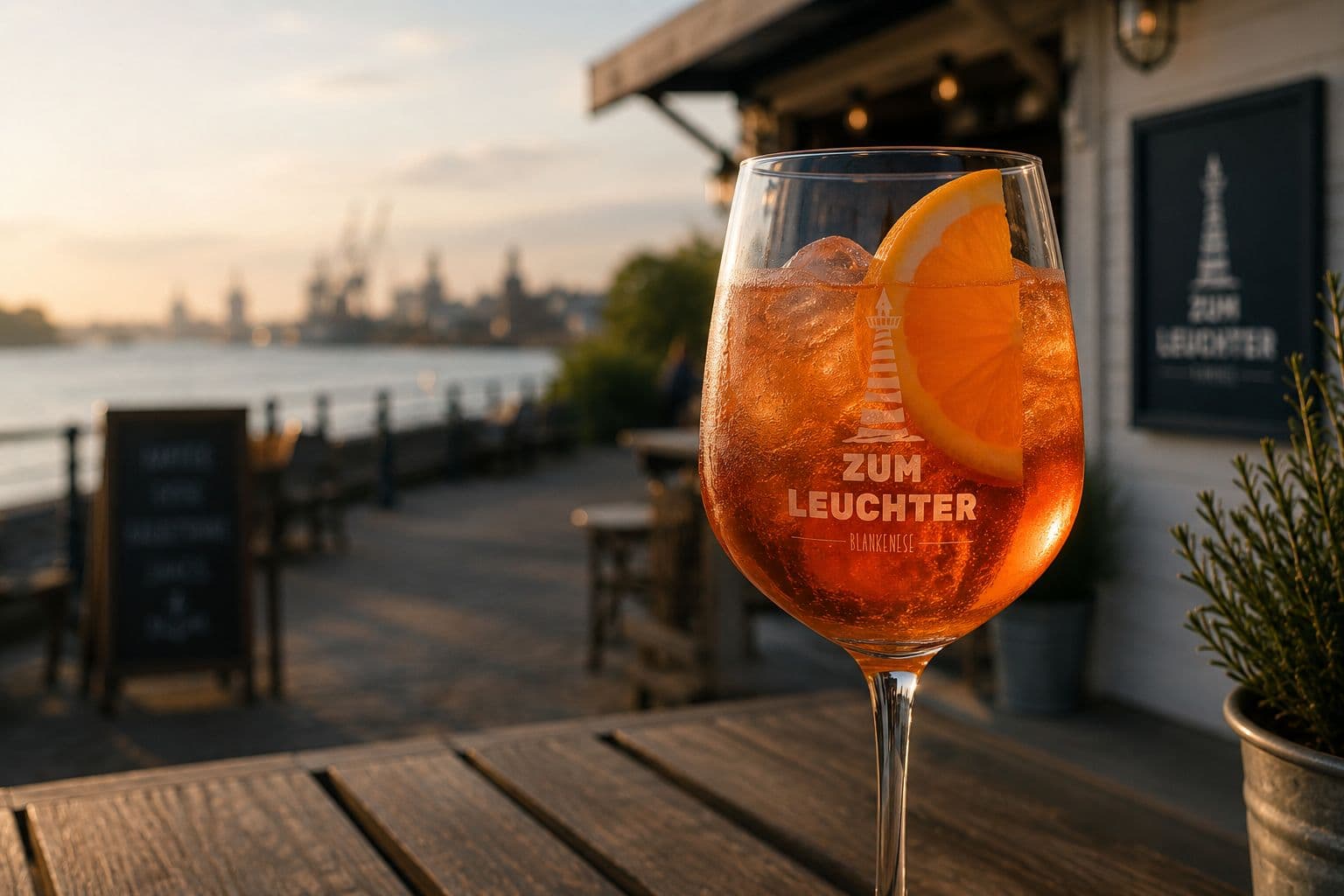 Aperol Spritz mit Zum-Leuchter-Logo vor der Elbe