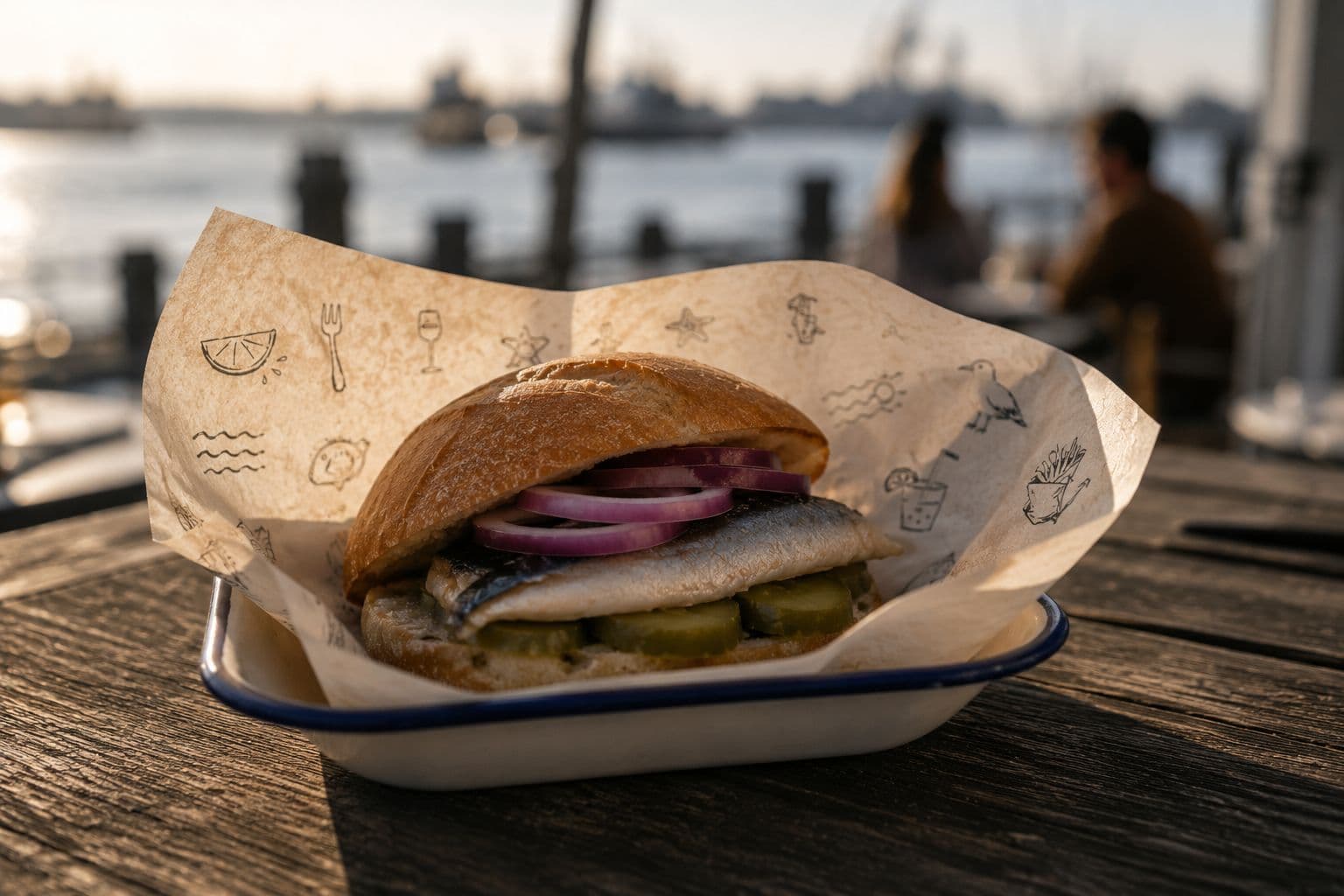 Fischbrötchen in Emailleschale